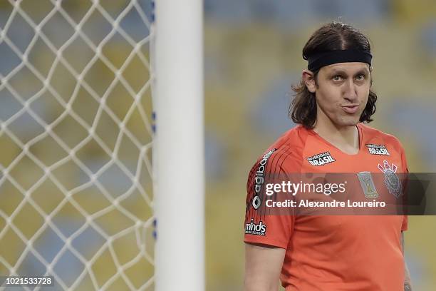 Cassio of Corinthians reacts during the match between Fluminense and Corinthians as part of Brasileirao Series A 2018 at Maracana Stadium on August...