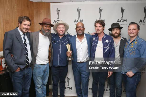Cory Younts, musician, Critter Fuqua, Darius Rucker, Ketch Secor, Joe Andrews and Morgan Jahnig take photos during the 12th Annual ACM Honors at...