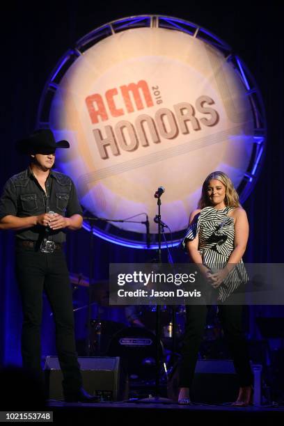 Jon Pardi and Lauren Alaina speak onstage during the 12th Annual ACM Honors at Ryman Auditorium on August 22, 2018 in Nashville, Tennessee.