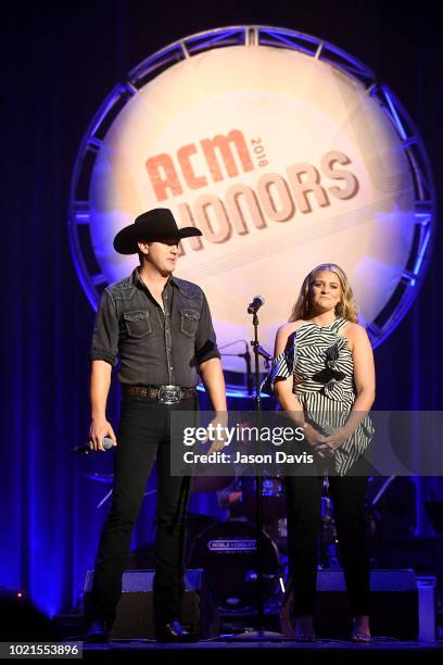 Jon Pardi and Lauren Alaina speak onstage during the 12th Annual ACM Honors at Ryman Auditorium on August 22, 2018 in Nashville, Tennessee.