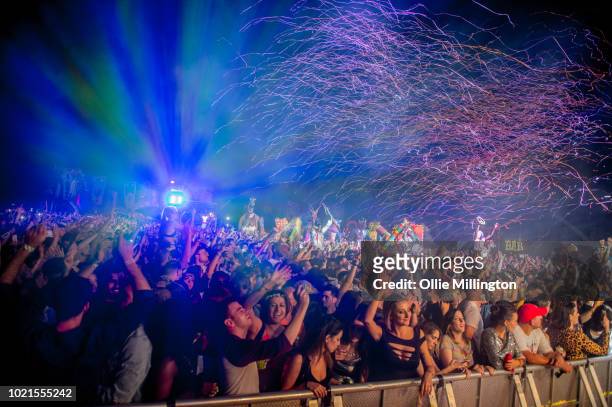 The main stage atmosphere at night, Elrow Town at Queen Elizabeth Olympic Park on August 18, 2018 in London,England.