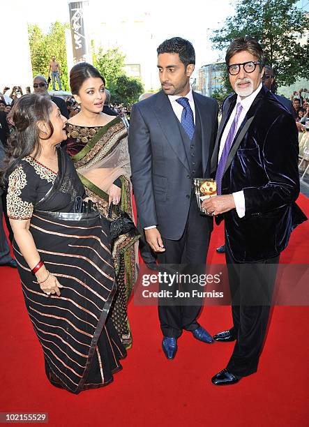 Jaya Bachchan, Aishwarya Rai Bachchan and Abhishek Bachchan and Amitabh Bachchan arrives at the London premiere of "Raavan" at BFI Southbank on June...