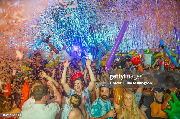 The main stage atmosphere at night, Elrow Town at Queen Elizabeth Olympic Park on August 18, 2018 in London,England.