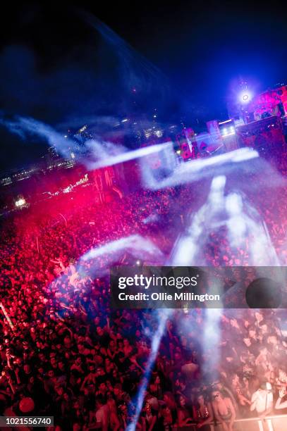 The main stage atmosphere at night, Elrow Town at Queen Elizabeth Olympic Park on August 18, 2018 in London,England.