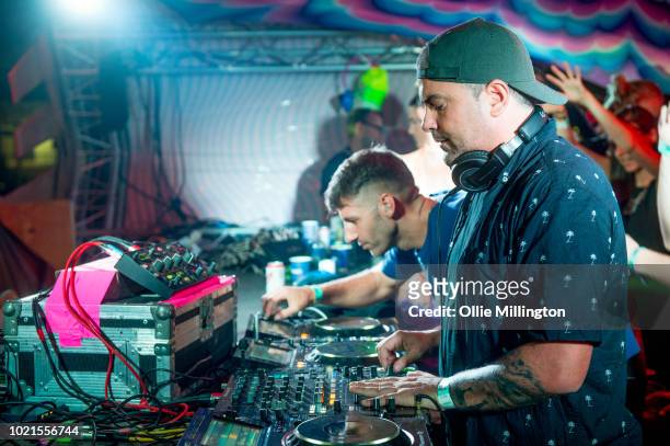 Bastian Bux and Toni Varga performs on The main stage, Elrow Town at Queen Elizabeth Olympic Park on August 18, 2018 in London,England. Performs at...