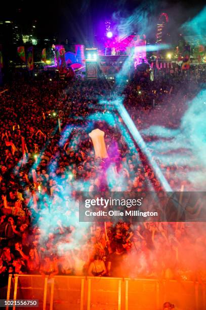 The main stage atmosphere at night, Elrow Town at Queen Elizabeth Olympic Park on August 18, 2018 in London,England.