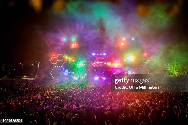 The main stage atmosphere at night, Elrow Town at Queen Elizabeth Olympic Park on August 18, 2018 in London,England.