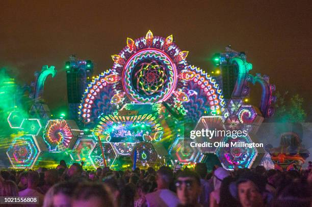 The main stage atmosphere at night, Elrow Town at Queen Elizabeth Olympic Park on August 18, 2018 in London,England.