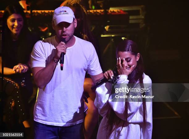 Scooter Braun and Ariana Grande at the American Express And Ariana Grande Present "The Sweetener Sessions" At Chicago's The Vic at The Vic Theater on...