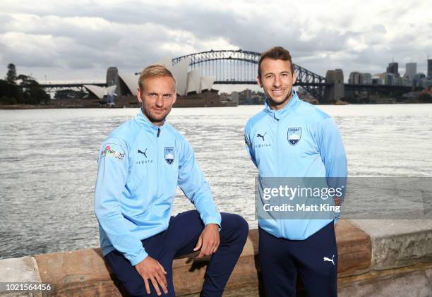 New Sydney FC signings Siem de Jong and Adam Le Fondre pose during a Sydney FC A-League media opportunity at Mrs Macquarie's Point on August 23, 2018...