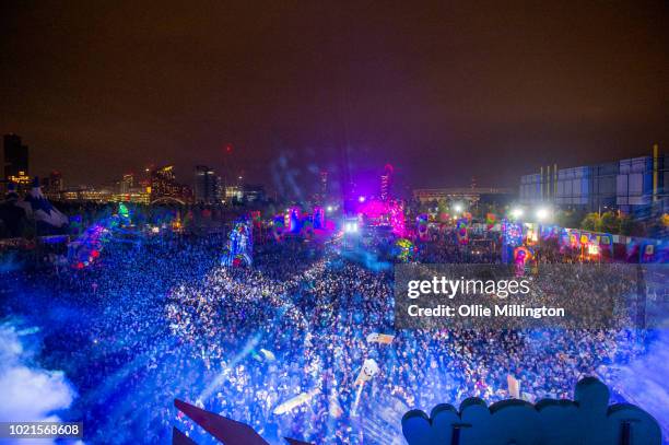 The main stage atmosphere at night, Elrow Town at Queen Elizabeth Olympic Park on August 18, 2018 in London,England.