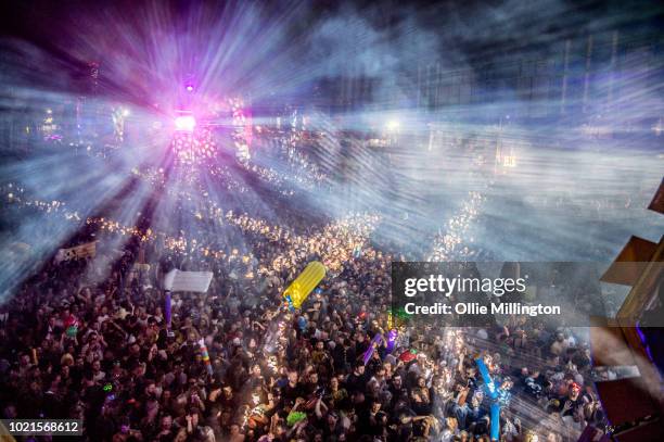 The main stage atmosphere at night, Elrow Town at Queen Elizabeth Olympic Park on August 18, 2018 in London,England.