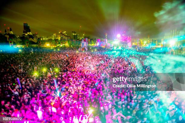 The main stage atmosphere at night, Elrow Town at Queen Elizabeth Olympic Park on August 18, 2018 in London,England.