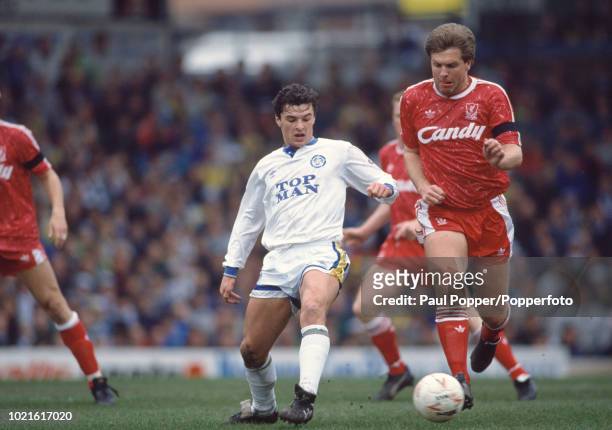 Jan Molby of Liverpool is challenged by Gary Speed of Leeds United during a Barclays League Division One match at Elland Road on April 13, 1991 in...