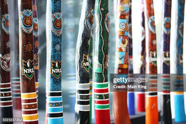 Didgeridoo's are seen painted in indigenous art during a NRL Media opportunity in recognition of the NRL becoming the first national sporting...
