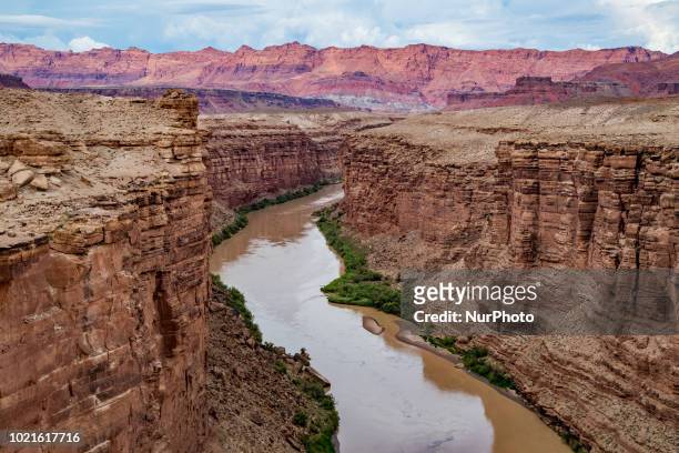 The East Rim and Colorado River are seen northeast of the Grand Canyon in Marble Canyon, Arizona, United States at the Navajo Bridge on July 14, 2018.
