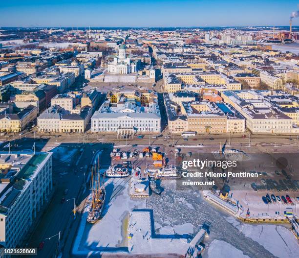 a wintery aerial view to the old town of helsinki with the market square, senate square and the helsinki cathedral - market square stock pictures, royalty-free photos & images