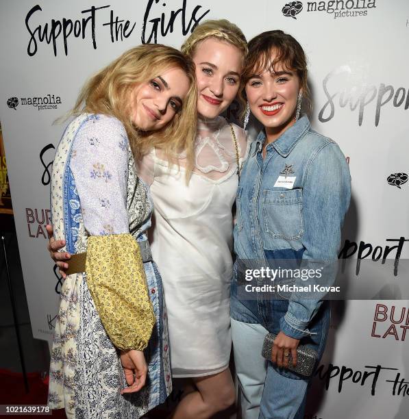 Actresses Dylan Gelula, AJ Michalka, and Haley Lu Richardson attend the Los Angeles Premiere of Support The Girls on August 22, 2018 in Los Angeles,...