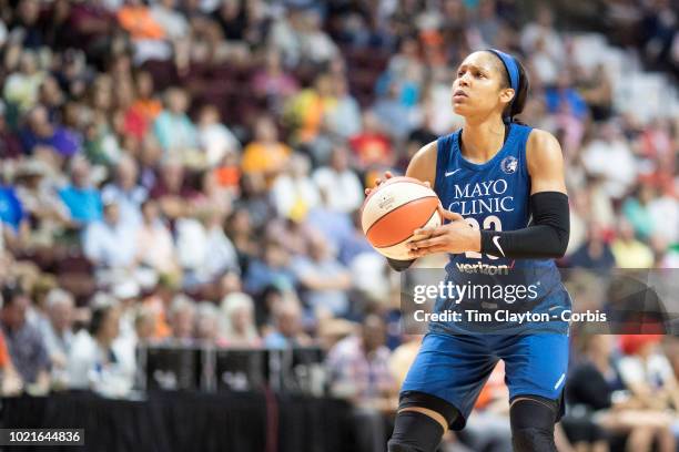 August 17: Maya Moore of the Minnesota Lynx in action during the Connecticut Sun Vs Minnesota Lynx, WNBA regular season game at Mohegan Sun Arena on...
