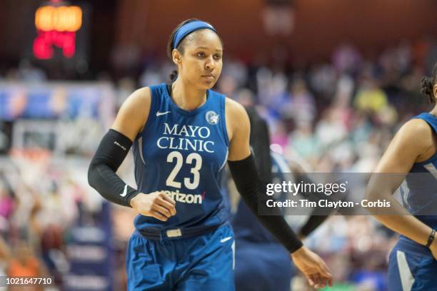 August 17: Maya Moore of the Minnesota Lynx during the Connecticut Sun Vs Minnesota Lynx, WNBA regular season game at Mohegan Sun Arena on August 17,...