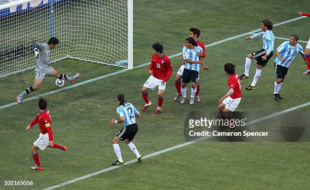 Park Chu-Young of South Korea scores an own goal during the 2010 FIFA World Cup South Africa Group B match between Argentina and South Korea at...