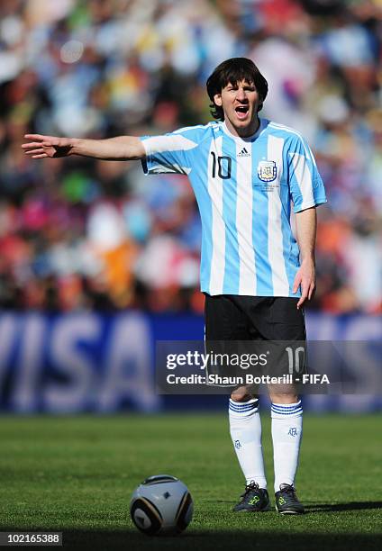 Lionel Messi of Argentina gestures during the 2010 FIFA World Cup South Africa Group B match between Argentina and South Korea at Soccer City Stadium...