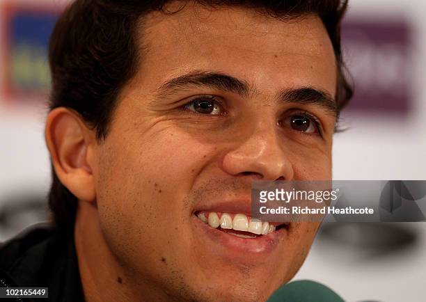 Nilmar speaks to the media during the Brazil team press conference at The Fairways Hotel on June 17, 2010 in Johannesburg, South Africa. The Brazil...