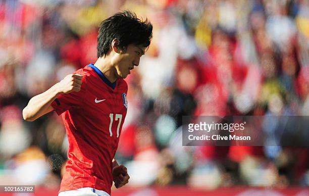 Lee Chung-Yong of South Korea celebrates scoring his team's first goal during the 2010 FIFA World Cup South Africa Group B match between Argentina...