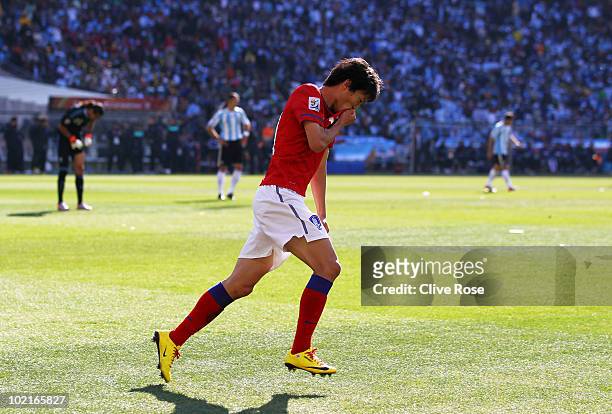 Lee Chung-Yong of South Korea celebrates scoring his team's first goal during the 2010 FIFA World Cup South Africa Group B match between Argentina...