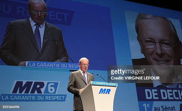 Belgian Senate chairman Armand De Decker gives a speech during the elections congress of French-speaking liberal party , on June 6, 2010 in...