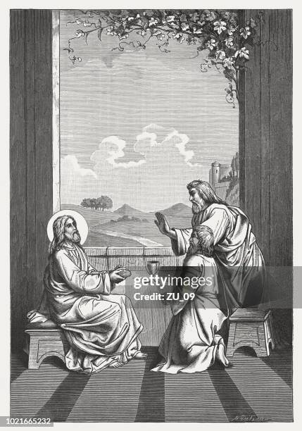 the supper at emmaus, wood engraving, published in 1888 - communion bread stock illustrations