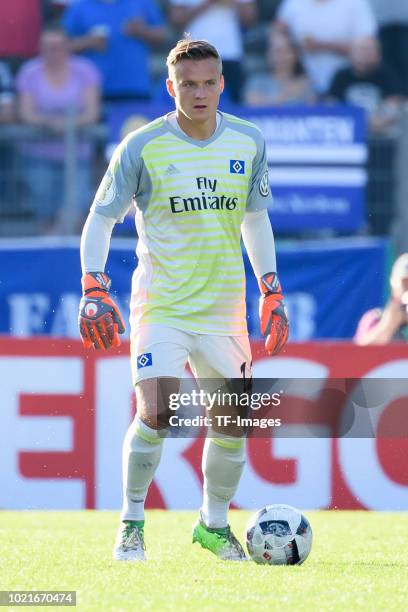 Goalkeeper Tom Mickel of Hamburger SV controls the ball during the DFB Cup first round match between TuS Erndtebrueck and Hamburger SV at...