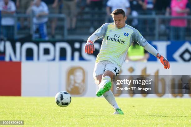 Goalkeeper Tom Mickel of Hamburger SV controls the ball during the DFB Cup first round match between TuS Erndtebrueck and Hamburger SV at...