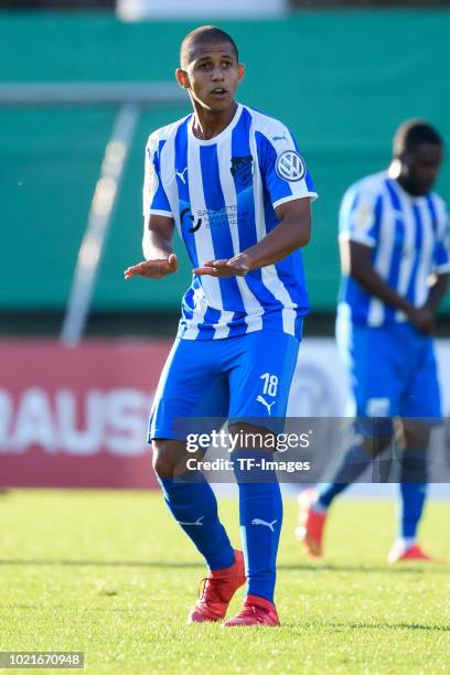 Mehdi Reichert of TuS Erndtebrueck gestures during the DFB Cup first round match between TuS Erndtebrueck and Hamburger SV at Leimbachstadion on...