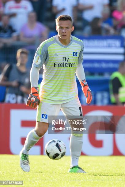 Goalkeeper Tom Mickel of Hamburger SV controls the ball during the DFB Cup first round match between TuS Erndtebrueck and Hamburger SV at...