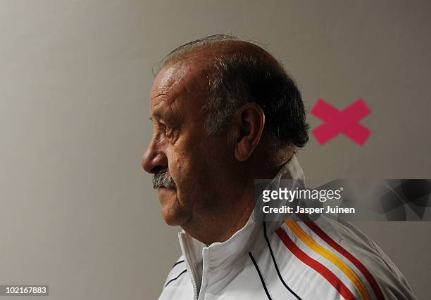 Head coach Vicente del Bosque of Spain looks on inside the Spanish national football team hotel on the morning after Spain's defeat against...