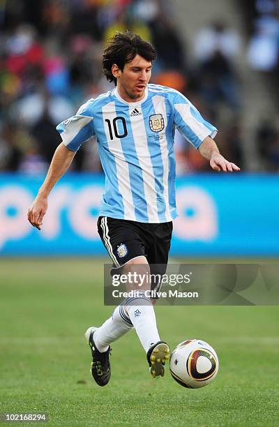 Lionel Messi of Argentina in action during the 2010 FIFA World Cup South Africa Group B match between Argentina and South Korea at Soccer City...
