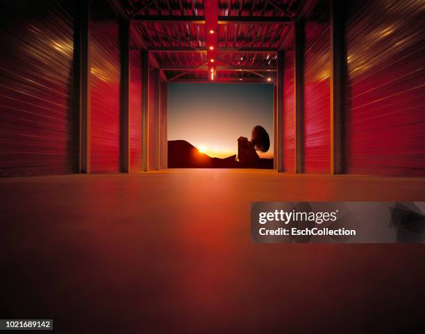 red lit corridor leading towards landscape with radio telescope at sunset - monochrome landscape stock pictures, royalty-free photos & images