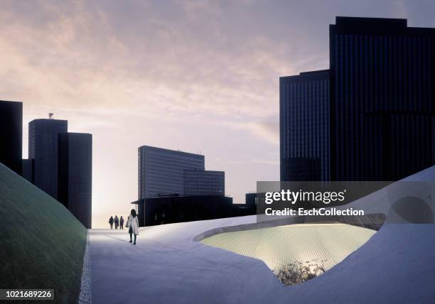 evening commute at modern, ecologically friendly city - french building stock-fotos und bilder