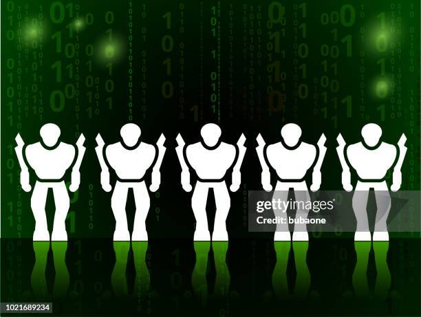 robots and modern technology on binary code black background - binary code green stock illustrations