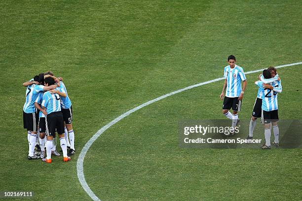 Argentina players celebrate during the 2010 FIFA World Cup South Africa Group B match between Argentina and South Korea at Soccer City Stadium on...