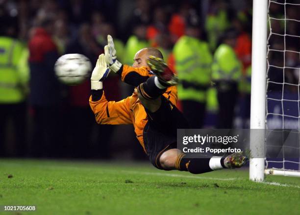 Liverpool goalkeeper Pepe Reina makes a dramatic save during the penalty shoot-out in the UEFA Champions League semi final second leg match between...