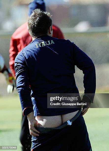 South African student loses his trousers after attempting a diving header, during an Italy 2010 FIFA World Cup training session on June 17, 2010 in...