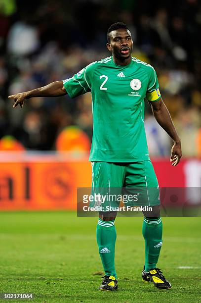 Joseph Yobo of Nigeria gestures during the 2010 FIFA World Cup South Africa Group B match between Greece and Nigeria at the Free State Stadium on...