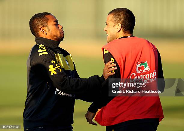 Robinho and Daniel Alves during the Brazil team training session at Randburg School on June 17, 2010 in Johannesburg, South Africa. The Brazil...