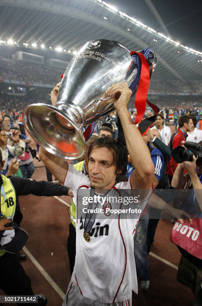 Andrea Pirlo of AC Milan celebrates with the European Cup following the UEFA Champions League Final match between Liverpool and AC Milan at the...