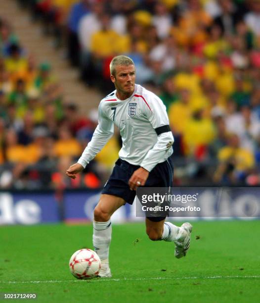 David Beckham of England in action during the International Friendly match between England and Brazil at Wembley Stadium in London on June 1, 2007.