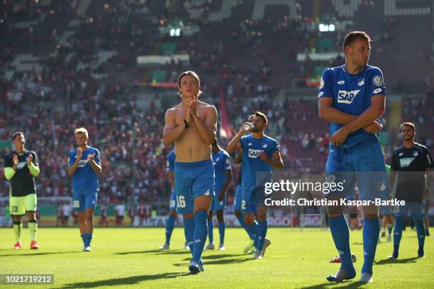 Nico Schulz of Hoffenheim and Adam Szalai of Hoffenheim celebrates to the fans after the first round DFB Cup match between 1. FC Kaiserslautern and...