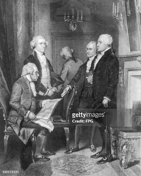 President George Washington's first cabinet, circa 1790. Left to right: Secretary of War Henry Knox , Secretary of State Thomas Jefferson , Attorney...