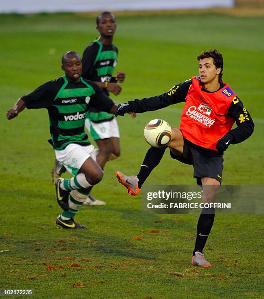 Brazil's striker Nilmar controls the ball during a match against a local club during a training session at the Randburg High School on June 17, 2010...